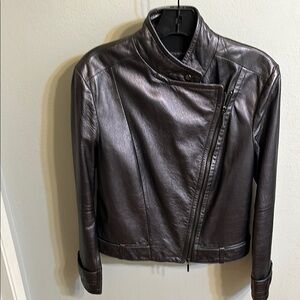 Armani Jeans Dark Metallic GrayLeather Jacket with Moto Style and Cropped Design